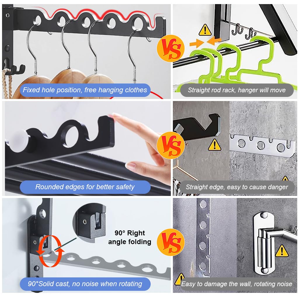 HASTHIP Wall Mounted Cloth Hanger with Folding Arm, Foldable 90°, Metal Aluminum Hangers for Clothes, Space Savers Folding Clothes Rack Hanger, Drying Rack for Bedroom, Bathroom, Balcony (Black)