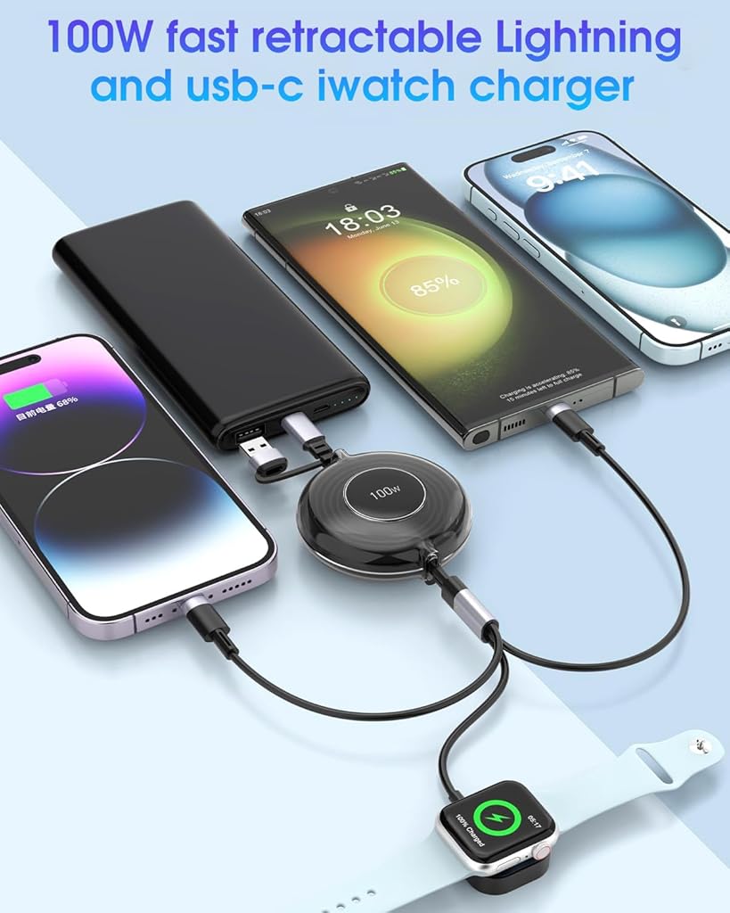 Verilux 6 in 1 USB C Charging Cable Retractable USB C Charging Cable with Apple Watch Wireless Charger Support Max 100W PD Fast Charging Compatible with iPhone 15/14/13, Samsung, Apple Watch