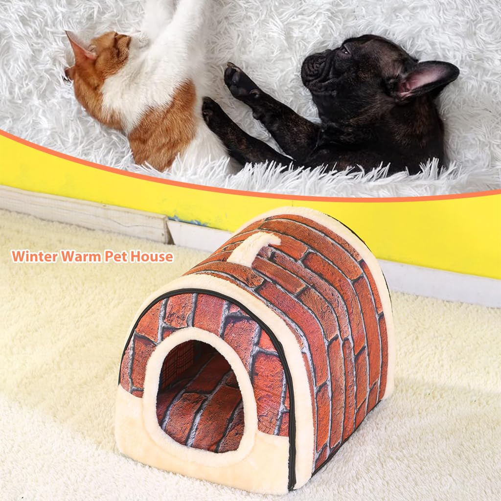 Qpets Cat House Winter, Dog Beds and Houses, Cozy house with Detachable Roof, Portable Handle All Season Use Cat Bed, Creative Print Pet House for Small Medium Cat or Dog, M
