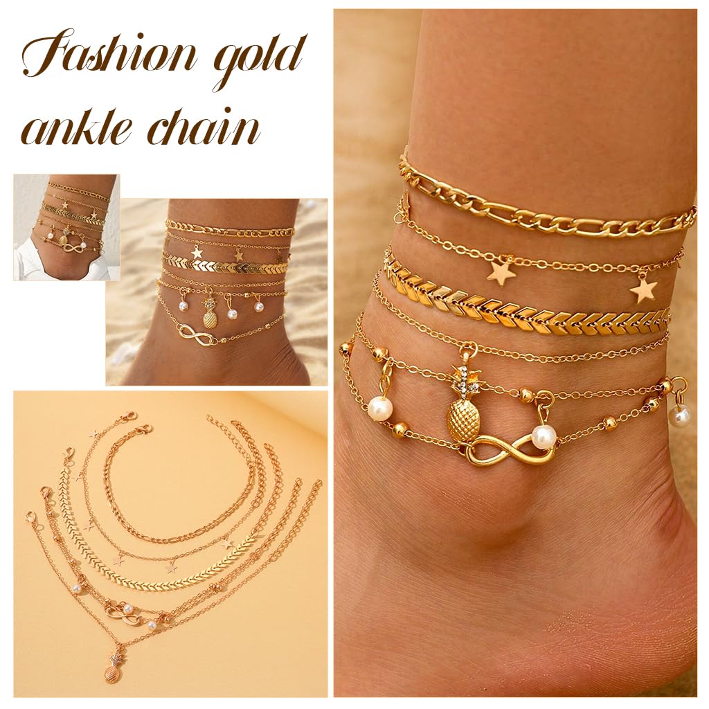 SANNIDHI 6Pcs Chic Anklets Women Assorted Designs Layered Anklets Boho Anklets Alloy Lasting Golden Chain Anklets Adjustable Chic Anklets Summer Fashion Pieces Women Jewelry Gift