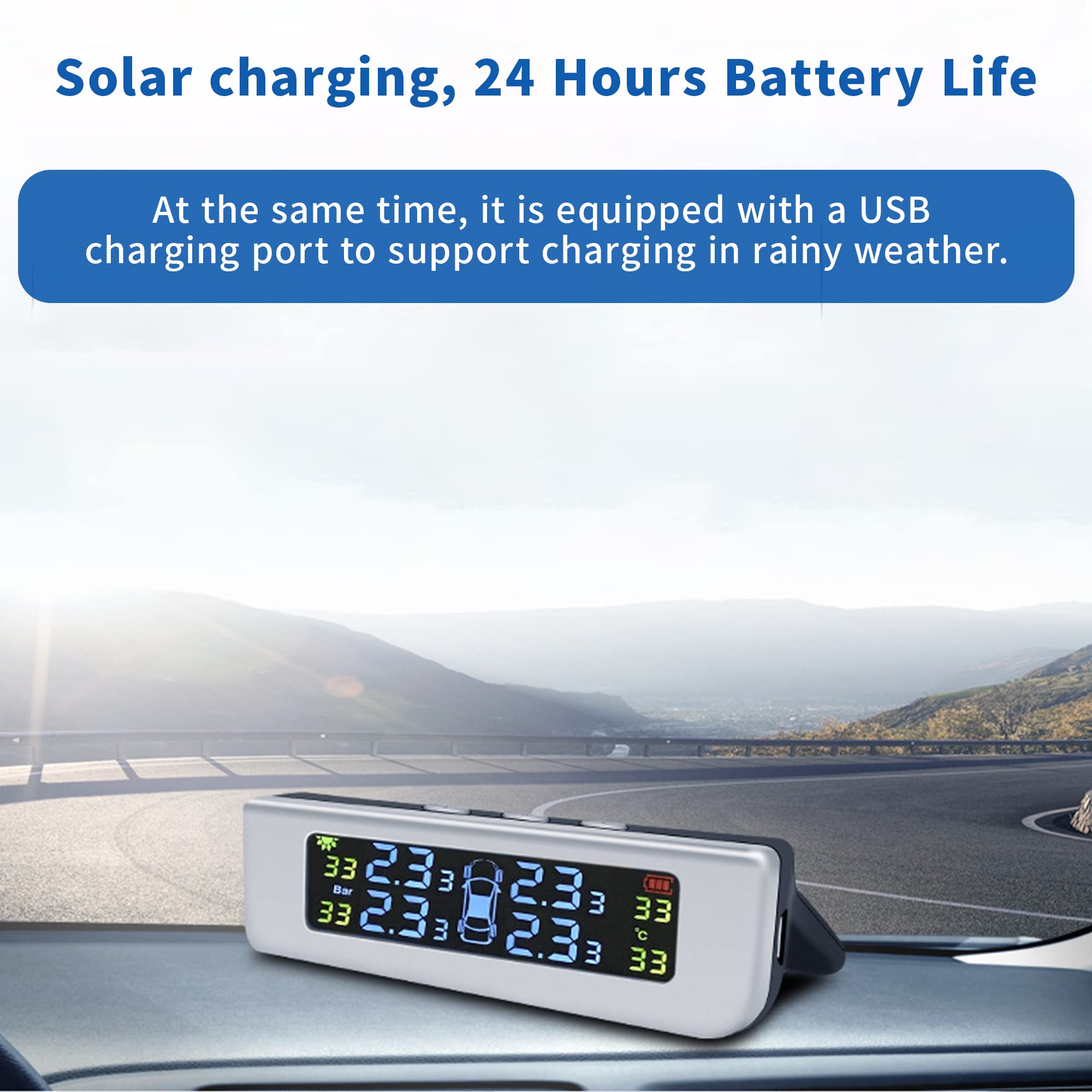 STHIRA Tyre Pressure Monitor Tpms For Cars, Solar Car Tyre Pressure Monitoring System For Car With 4 External Sensors, Tire Pressure Monitor With 3 Digital Accrate Real-Time LCD Display, 0-51PSI