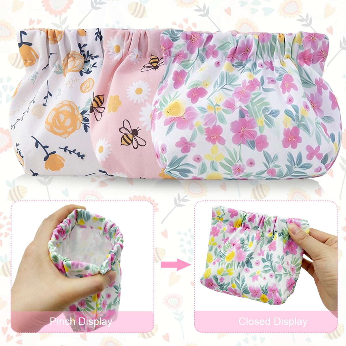 MAYCREATE 3pcs Small Pouches for Women, Travel Mini Makeup Pouch Set, Cute Floral Print Coin Lipstick Pouch for Girls, Oxford Cloth Jewelry Storage Bag Organizer - No Zipper, Self-Closing