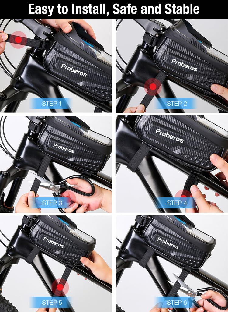 Proberos Cycle Frame Bag, Cycle Accessories Bag for 6.8'' Phone, Waterproof Touch Screen Cycling Bag with Sun Visor, Bicycle Front Frame Bag, Waterproof Touch Screen Bicycle Pouch Mobile Phone Holder