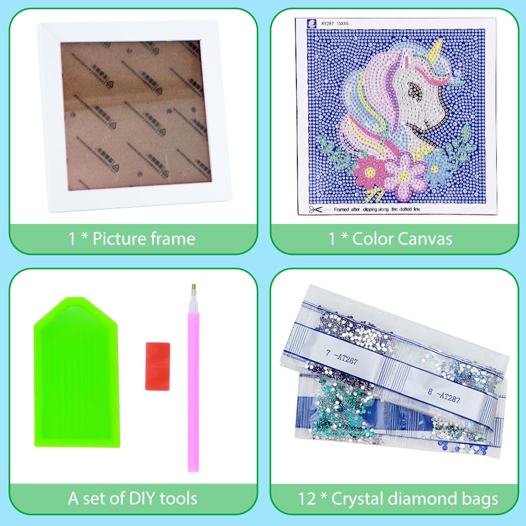 PATPAT DIY 5D Diamond Painting Kit for Kids Rainbow Unicorn Diamond Art Supplies, Arts and Crafts Painting with Frame & Tool, Unicorn Diamond Painting Art Kits for Children Unicorn DIY Desk Decor