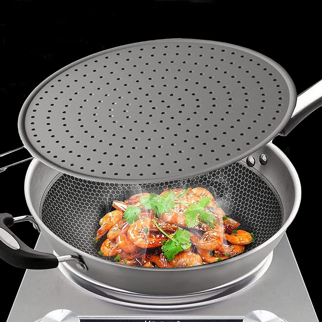 HASTHIP 11inch Frying Pan Non-Stick Cover, Silicone Splatter Screen Pan Cover with Heat Insulation Handle, Heat Insulation Cooling Mat, Strainer, Drain Board, Oil Splash Guard for Frying Pan