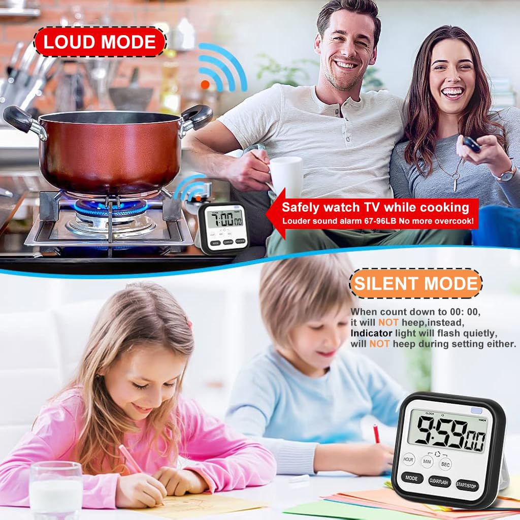 ZIBUYU Kitchen Timer, Digital Visual Timer 24-Hours Clock Stopwatch Count-Up & Count Down Timer with Large LCD Screen Display Big Digits, Loud Alarm for Cooking, Shower, Bathroom, Kids, Teacher Black