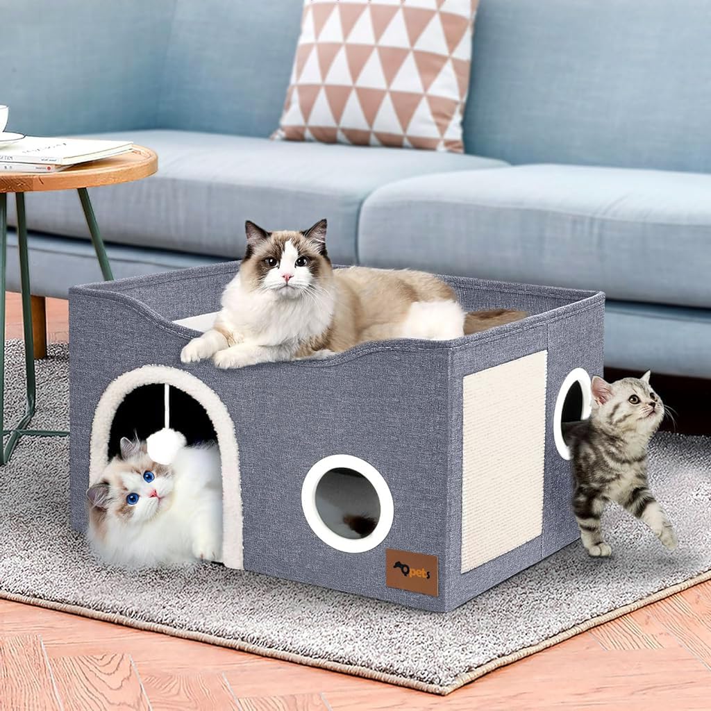 Qpets Cat Bed, Large Cat House, Foldable Cat Cave for Pet Cat House with ATOP Platform & Cat Scratcher Board, Double Layer Cat House Cat Hidewawy Game Tunnel for All Season Use