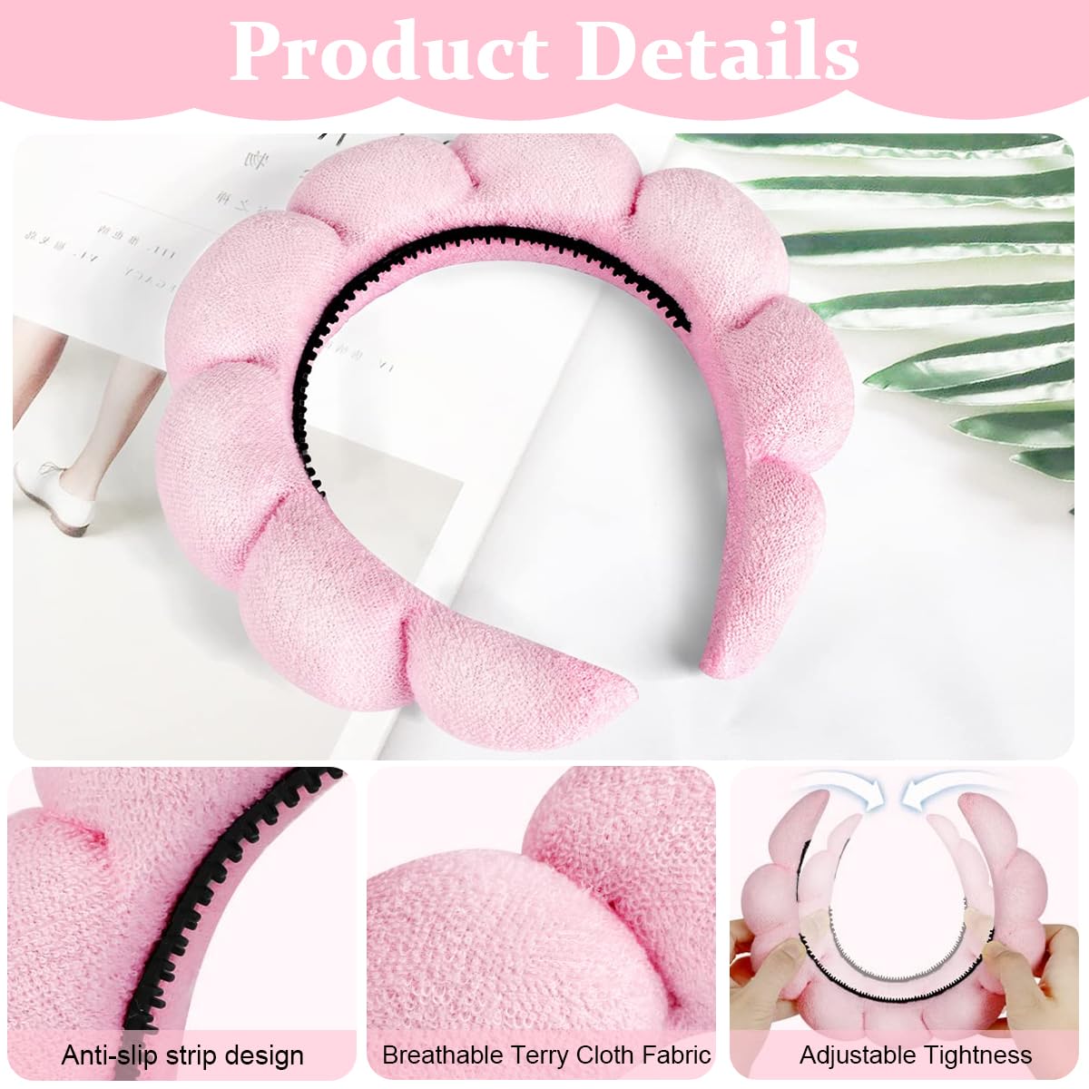 MAYCREATE Spa Facial Headband for Women Washing Face, Puffy Skincare Headbands for Women Girls, Upgrade Anti-slip Terry Cloth Hair Band for Makeup - Pink