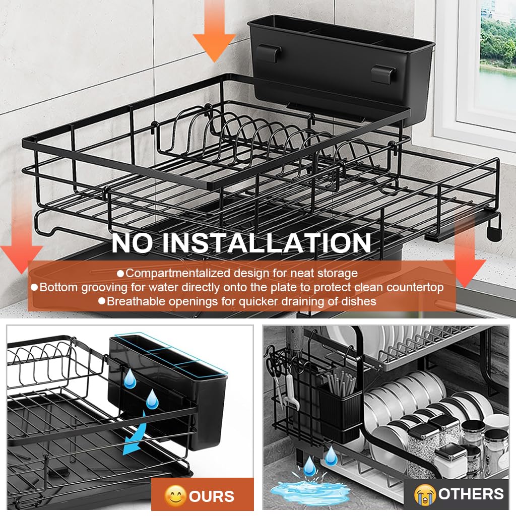 HASTHIP Large Metal Dish Drying Rack with Expandable Cutlery Holder and Drip Tray, Multi-Functional Kitchen Organizer, Telescopic Tableware Holder Organizer for Dish, Bowl, Tableware