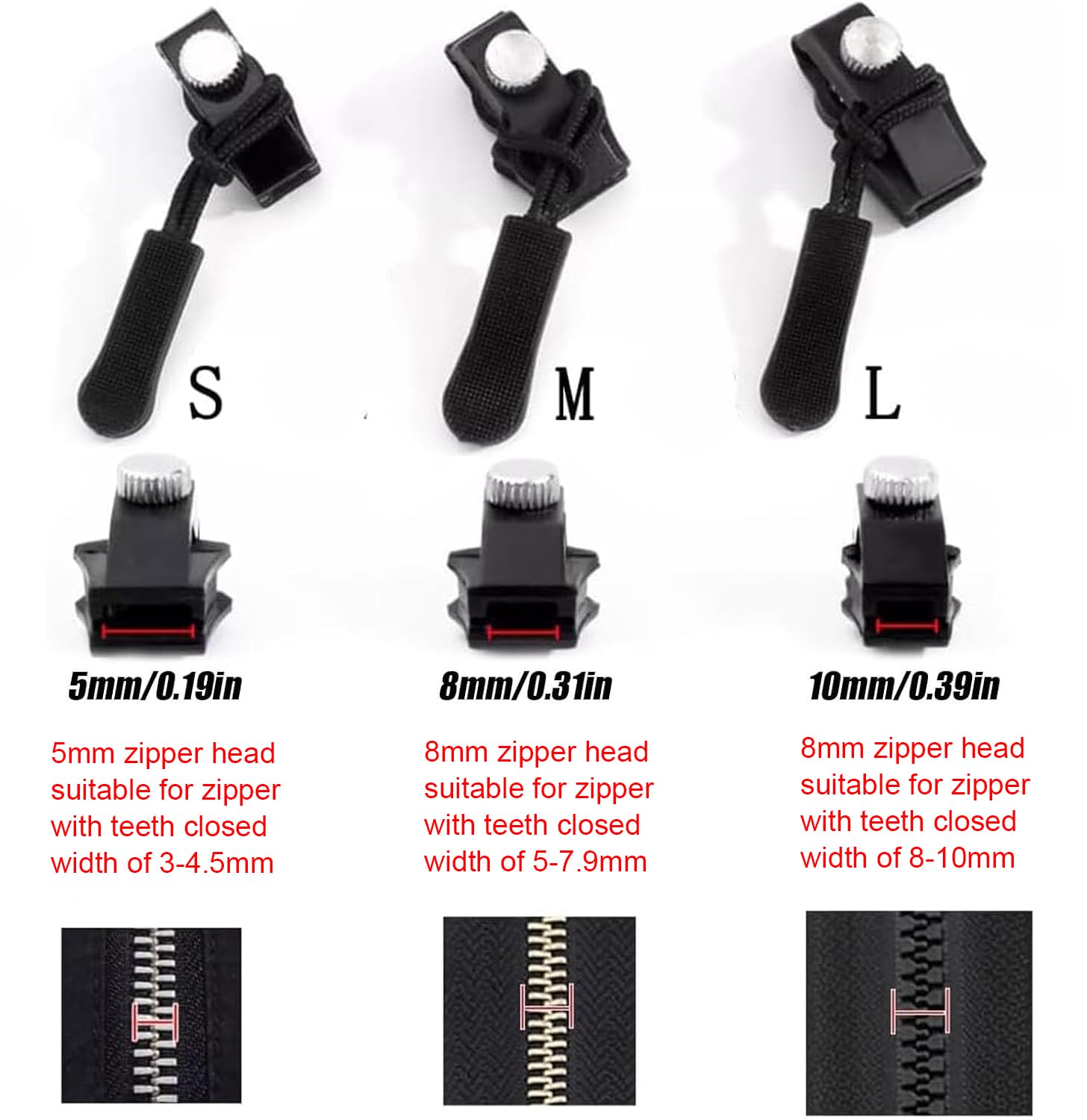 HASTHIP Zipper Repair Kit 6Pcs Zipper Sliders with Nylon Pull Tabs, 6Pcs Replacement Metal Pull Tabs for Sliders, Screw Fix Removable Zipper Sliders Metal Pull Tabs, for Bags, Garments