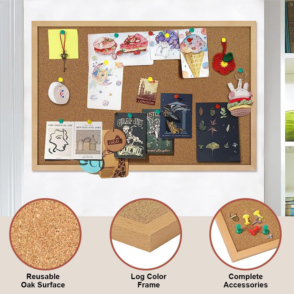 Climberty Cork Board Bulletin Board, 15.7 X 23.6 Inches Oak Wood Finish Frame with Thumbtack Installation Accessories, Wall Mounted Cork Board for Office Home and School