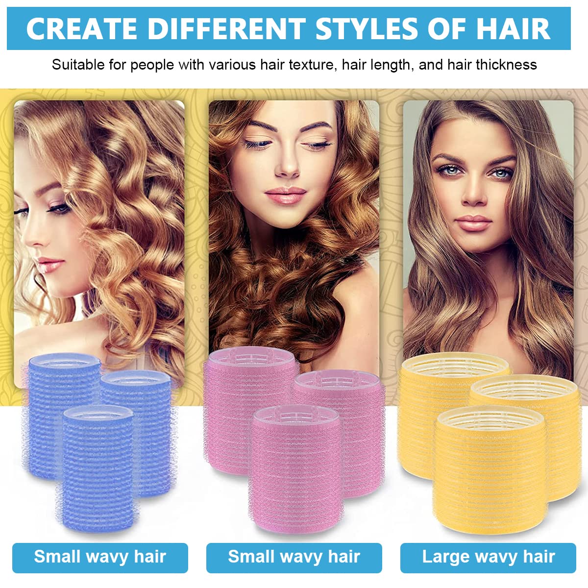 MAYCREATE Heatless Hair Curler Roller Kit, 3 Sizes Self Grip Magic Hair Roller Clips for Long, Medium and Short Hair with 6 Bang Clips, 1 Stainless Steel Hair Comb