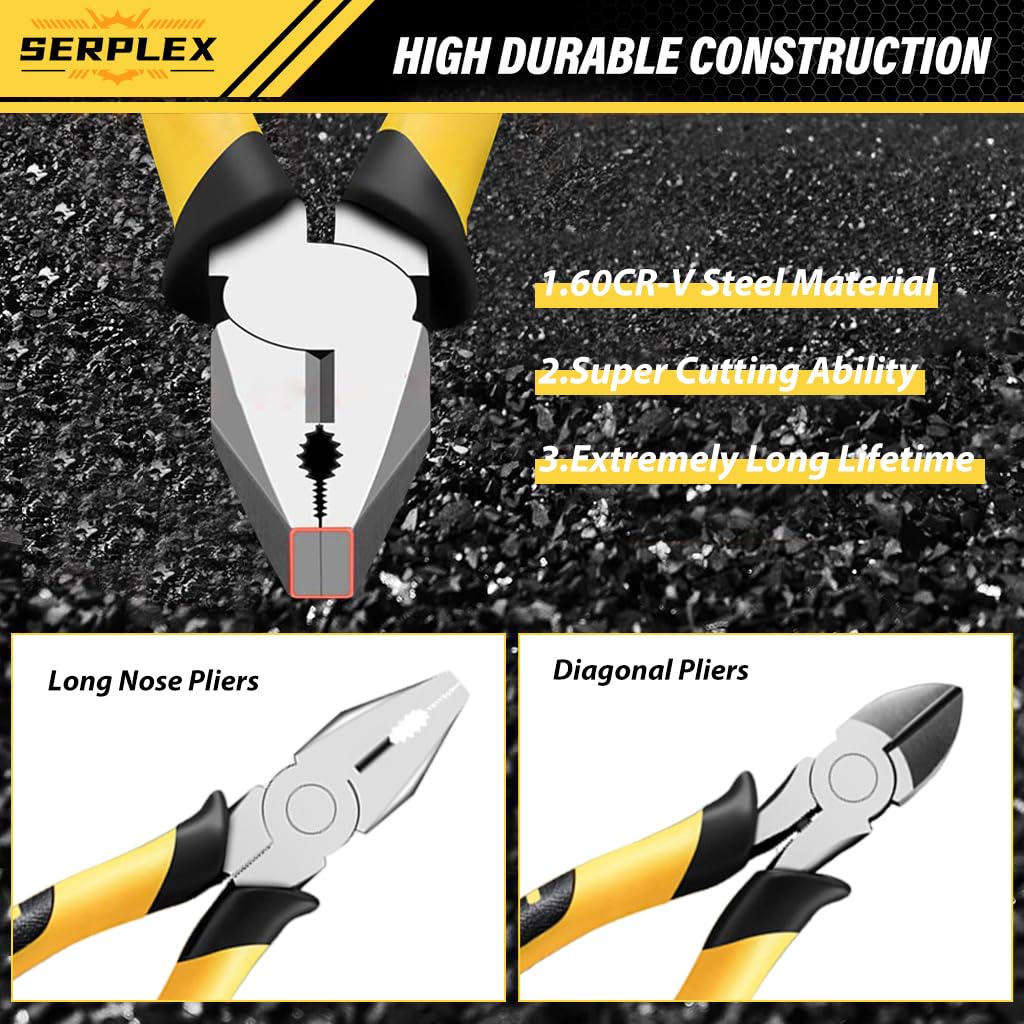 Serplex 6'' Pliers Tool Set of 3Pcs Pliers Needle-nose Plier Combination Plier Side Cutter Rubberized Anti-slip Handle Design Multi-purpose Pliers for Electrical Work, Automotive Repair, Crafts
