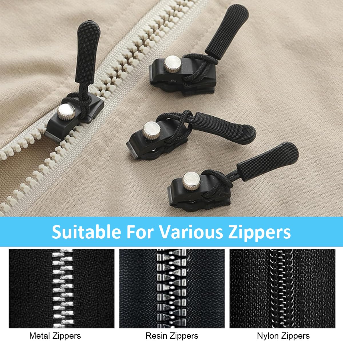 HASTHIP Zipper Repair Kit 6Pcs Zipper Sliders with Nylon Pull Tabs, 6Pcs Replacement Metal Pull Tabs for Sliders, Screw Fix Removable Zipper Sliders Metal Pull Tabs, for Bags, Garments