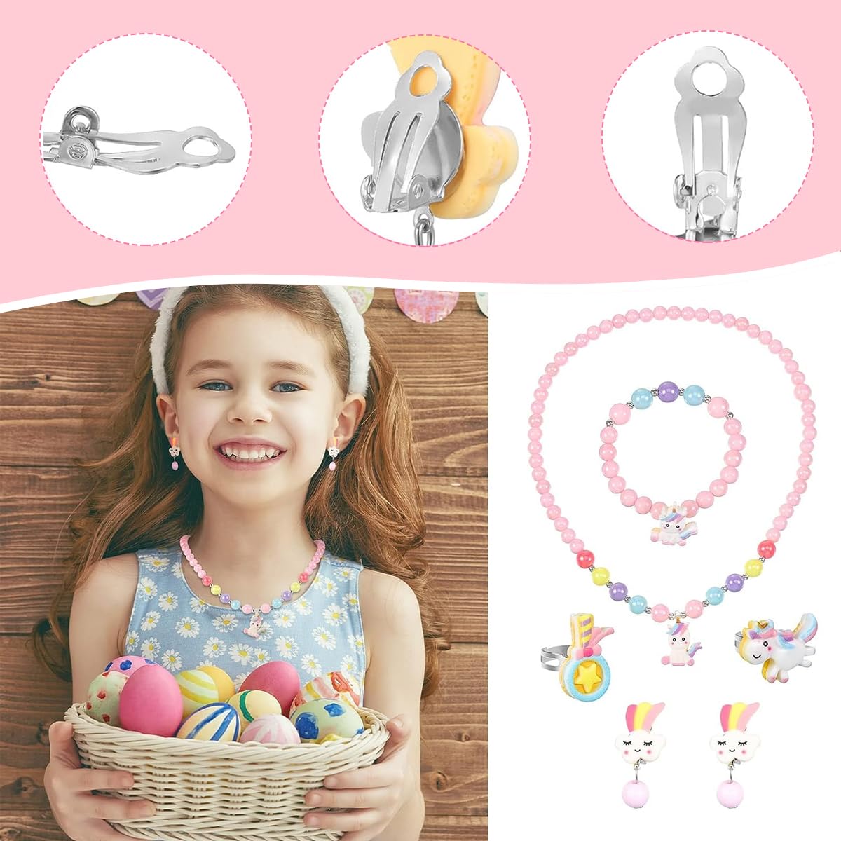 SANNIDHI Unicorn Bag with Jewelry Set for Girls, Unicorn Princess Plush Crossbody Purse Beads Necklace Bracelet Earrings Rings Set, Kids Jewellery Party Dress up Gift