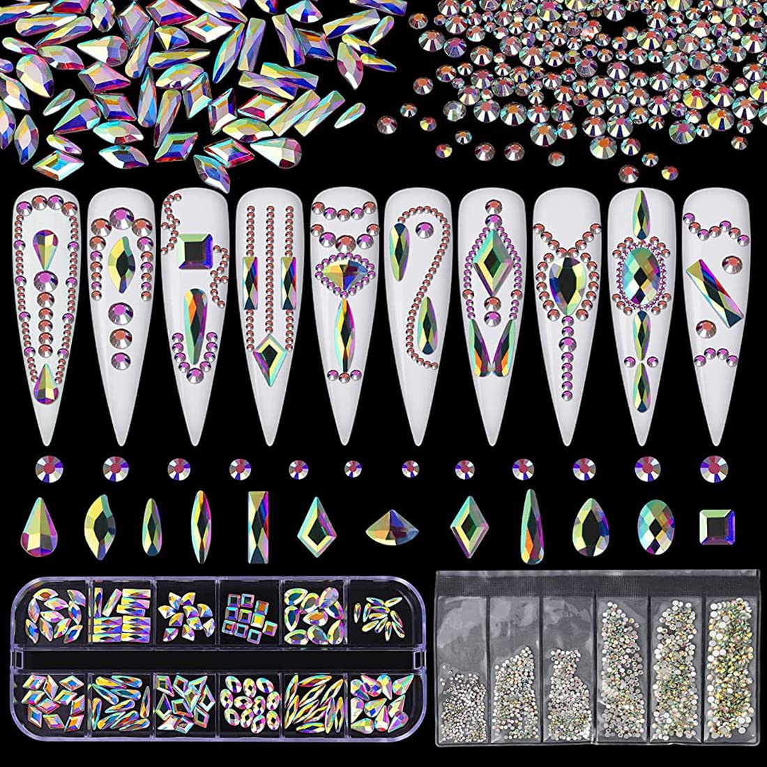 MAYCREATE Nail Art Rhinestones Kit Colorful Rhinestones Geometry Shape Crystal AB Rhinestones with Glue and Tools Manicure Craft Decoration Nail Art Salon