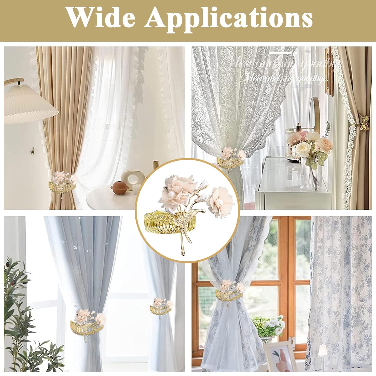 HASTHIP Curtain TieBacks, 2 Pack Pearl Curtain Tie Backs, Modern Decorative Curtain Holdbacks Holder with Elastic Cord Drapes Clips Buckle