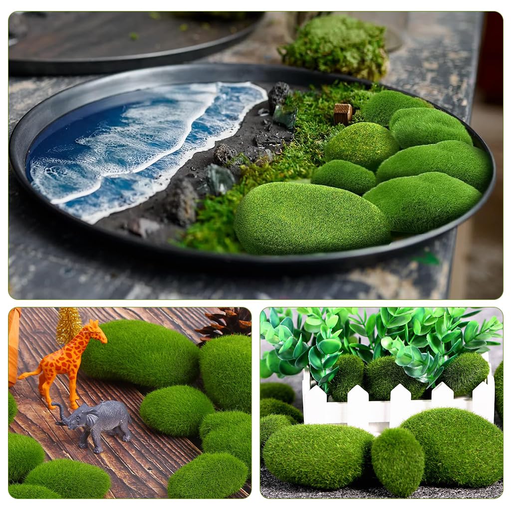 HASTHIP 12pcs Small Artificial Moss Cobblestones Assorted Shaped Decorative Green Moss Covered Stones for Plant Pots
