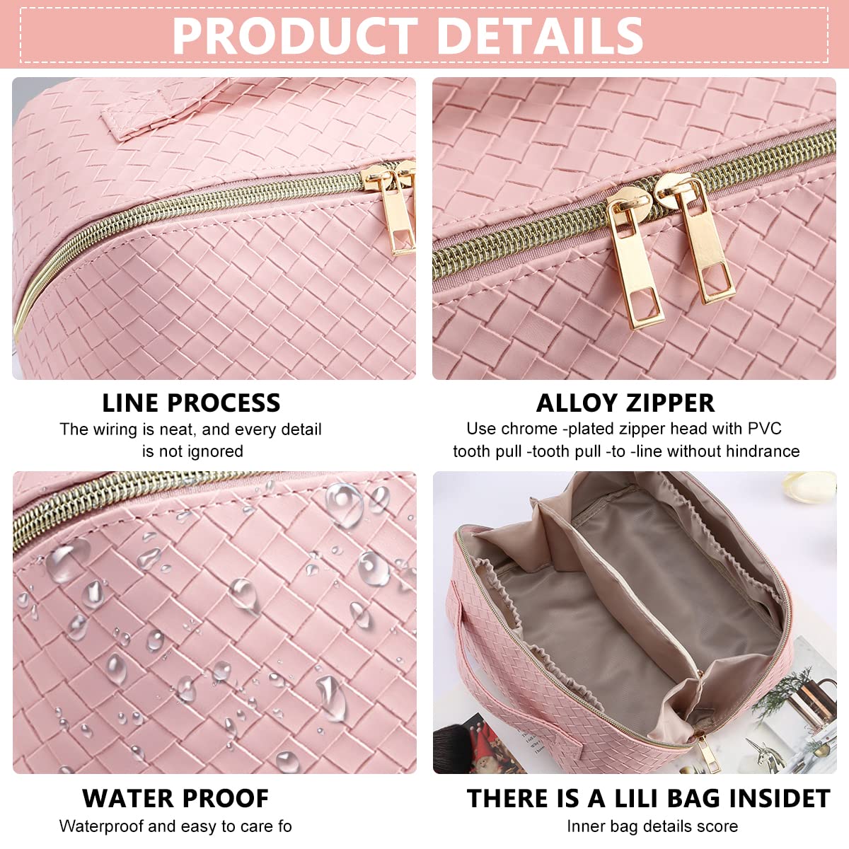 MAYCREATE Large Capacity Cosmetic Travel Bag, Cosmetic Pouch PU Waterproof Design with Handle and Divider, Wide Opening Cosmetic/Makeup Organizer Bags for Women