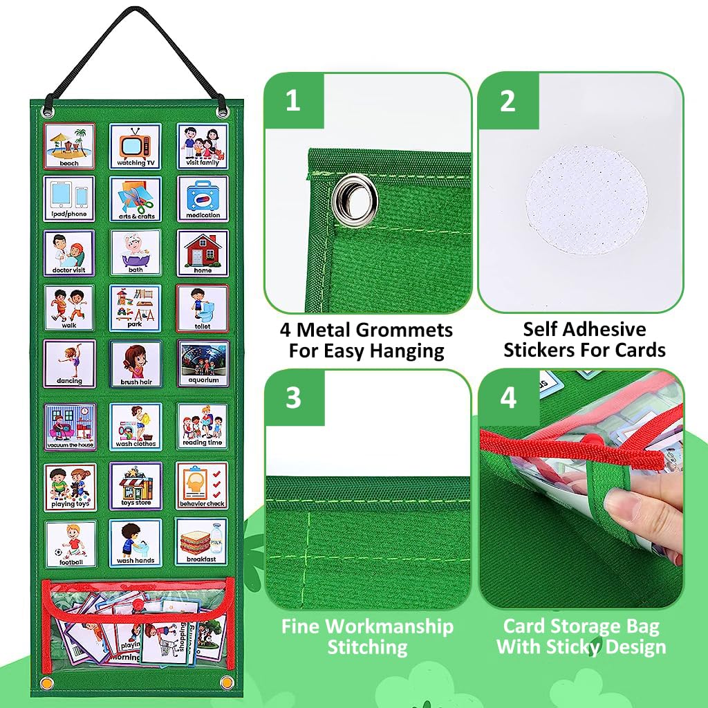 PATPAT Flash Cards for Kids Visual Schedule for Kids with Autism Wall Hanging Schedule Board Desk Daily Routine Chart with 70 Cards Montessori Toys for 3+ Year Old Kids Wall Planner for School-Green