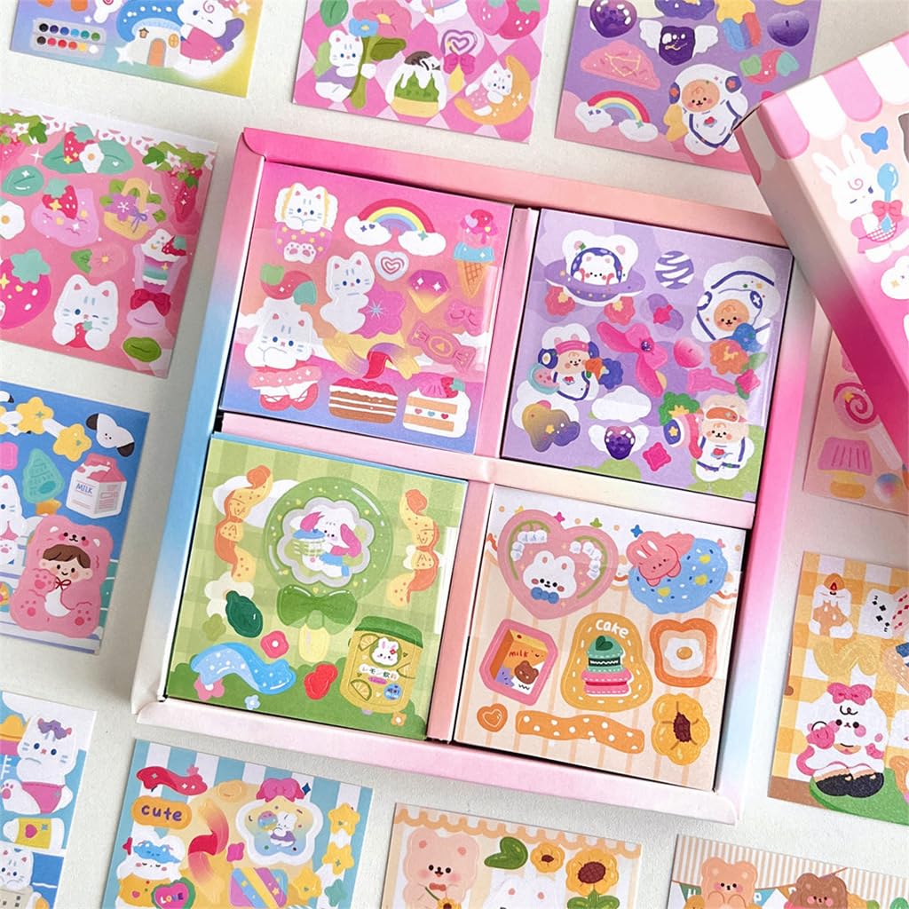 HASTHIP 100 Sheets Kawaii Stickers - Cartoon Stickers Scrapbooking Decorative Decal Stickers for Junk Journal Supplies, DIY Crafts Album Phone Cases Laptops Notebook, 6x6cm Per Sheet