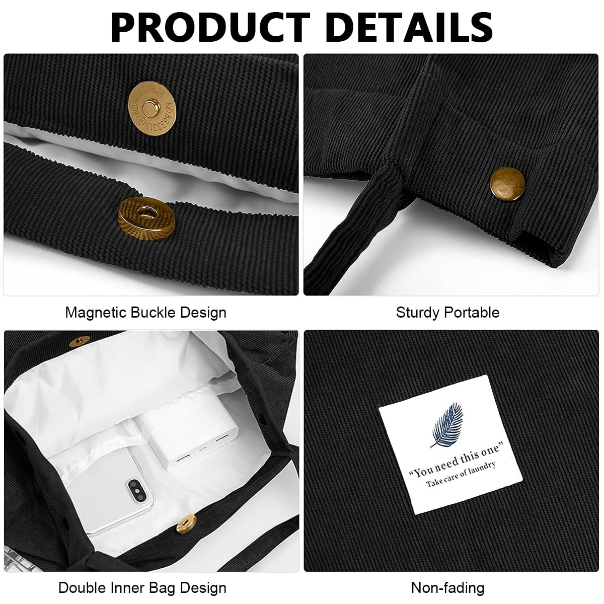 PALAY Tote Bag Corduroy Grocery Bag Large Hand Bag For Women Shopping Bag, Grocery Bag, Shoulder Bag For Shopping, Commuting, Black