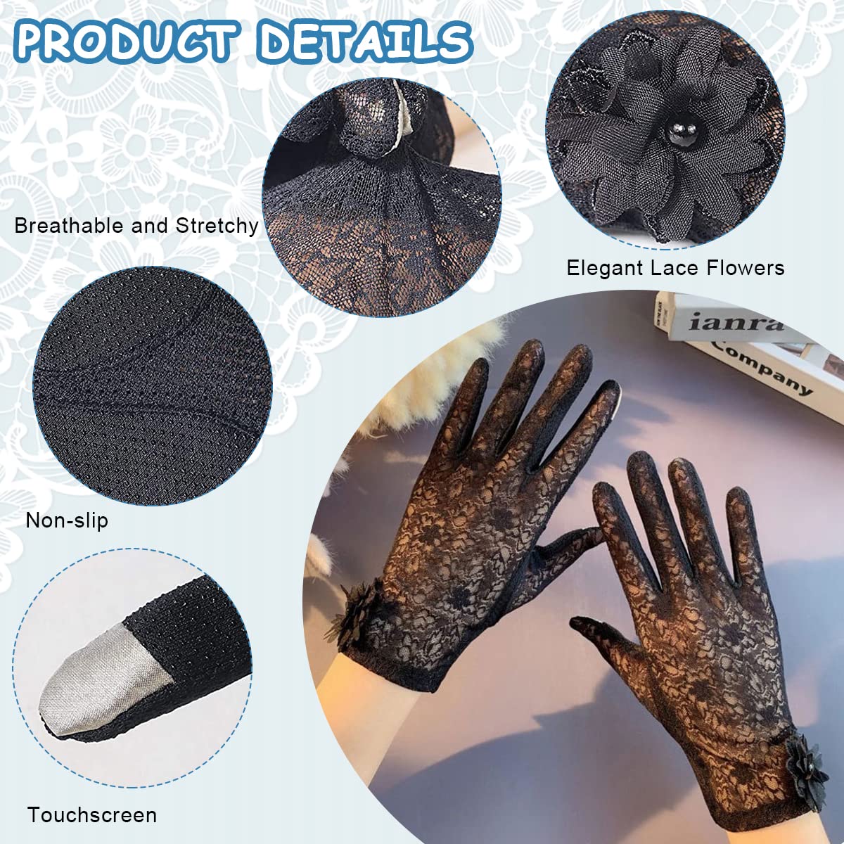 PALAY Lace Gloves for Women Ladies Black Elegant Flower Bridal Gloves Short Sun Protection Gloves for Wedding, Party, Prom, Festival