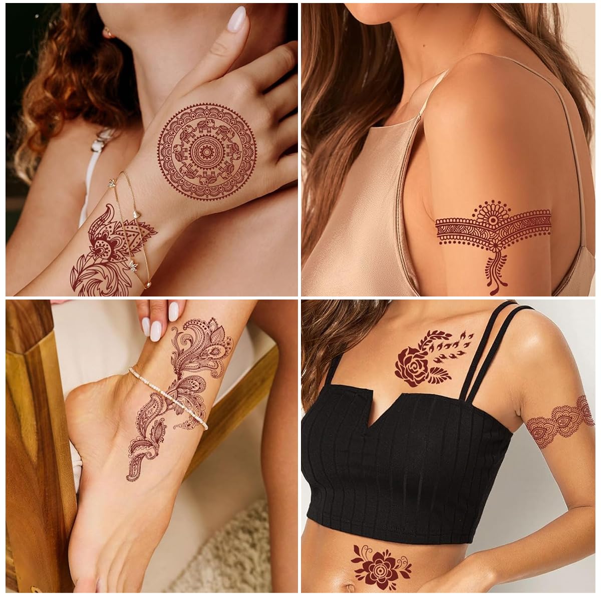 MAYCREATE Tattoo Sticker 12 Sheets Mandala Temporary Tattoo for Women Girls Brown Lotus Flower Arm Band Tattoo Waterproof Henna Tattoo Stickers for Hands, Body, Arm, Feet