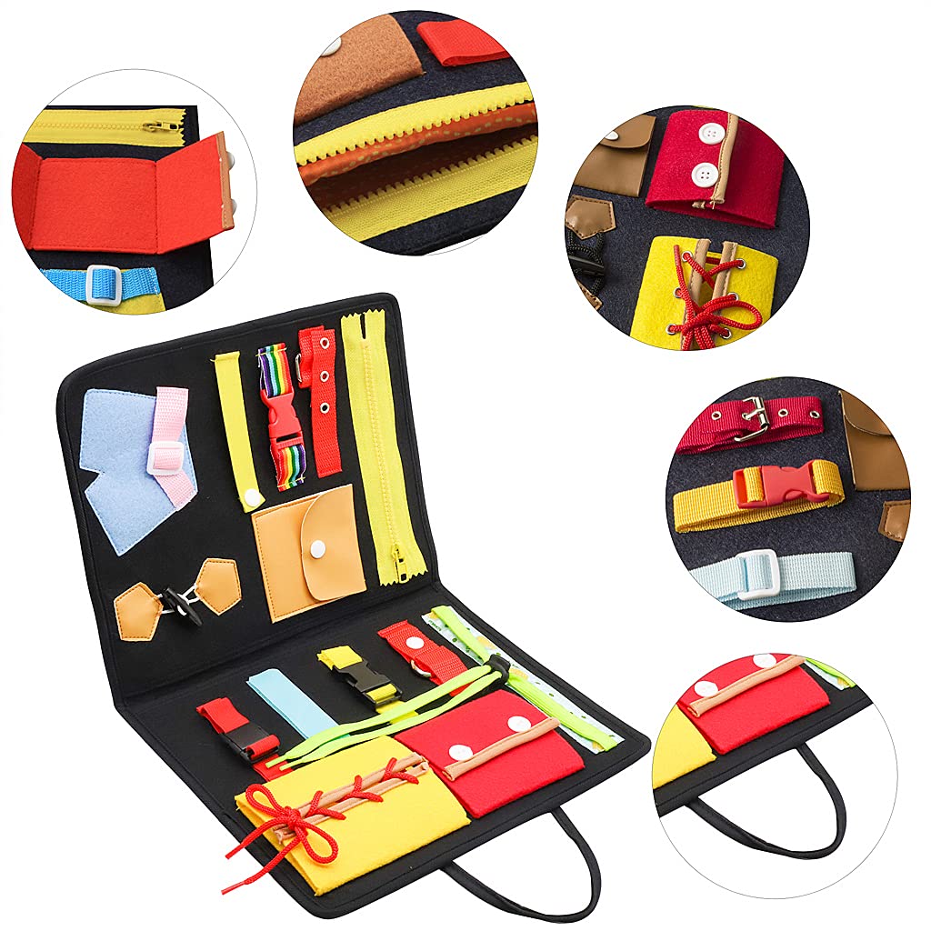 SNOWIE SOFT Toddler Busy Board, Montessori Toy for Develop Basic Skills, 14 in 1 Learn to Dress Toy for 1-4 Year Old Kids, Parent-Kids Activity Toy, Bag Design for Airplane or Car Travel,Multicolor