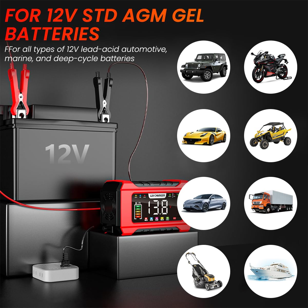 Verilux Car Battery Charger 12V 24V Heavy Duty, 2Ah-100Ah Automatic Battery Charger & LCD Display, Pulse Repair Charger, Maintainer Charger for Car Truck Motorcycle Lawnmower, Lead Acid Battery (AGM/Gel/SLA)