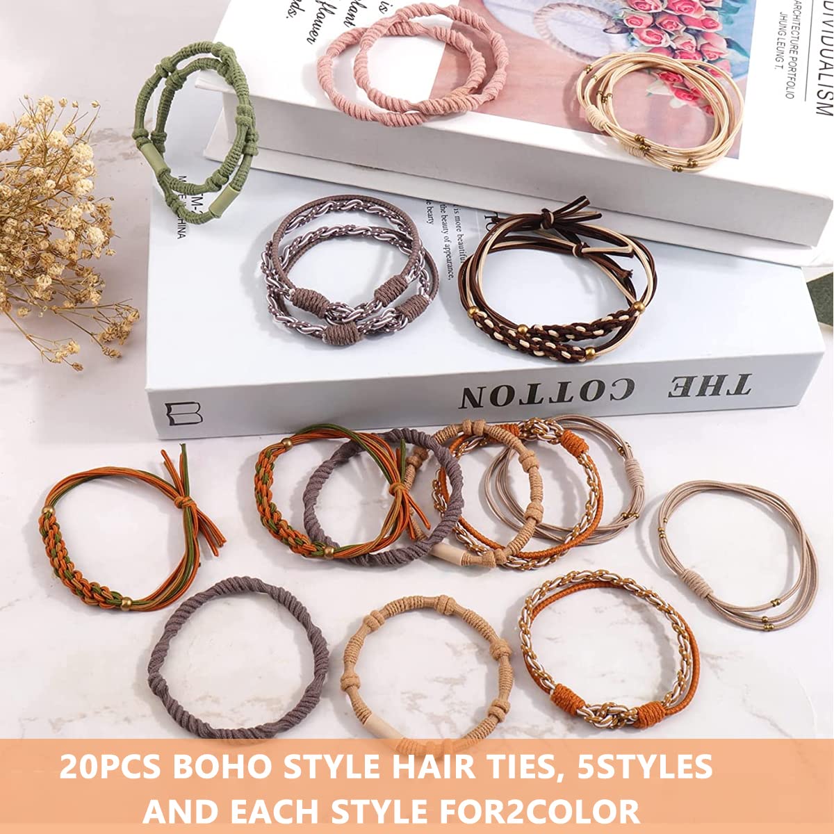 PALAY 20pcs Elastic Hair Ties Bracelets Set Braided Boho Hair Rubber Band for Girls Women, 5 Styles Hair Elastics Hair Band for Thick Hair Ponytails