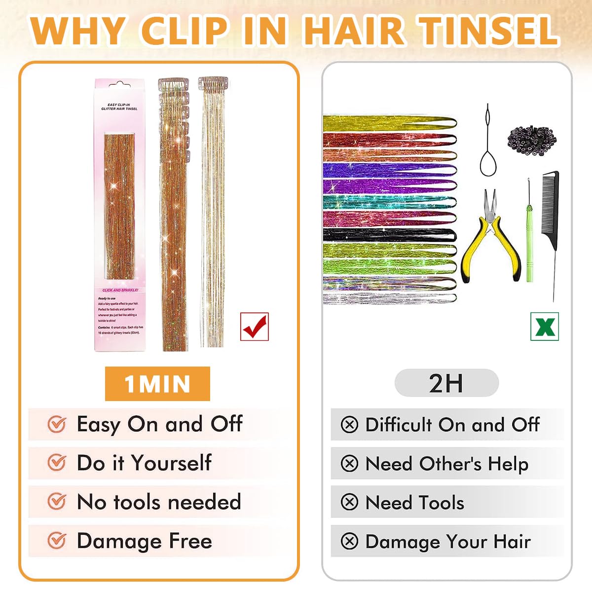 MAYCREATE 6pcs Hair Tinsel Extensions, Brown Glitter Tinsel Strands, 20.5 inch Clip-on Shiny Tinsel Hair Extension, Heat Resistant Fairy Hair Glitter Kit for Women Girls Halloween Cosplay Party