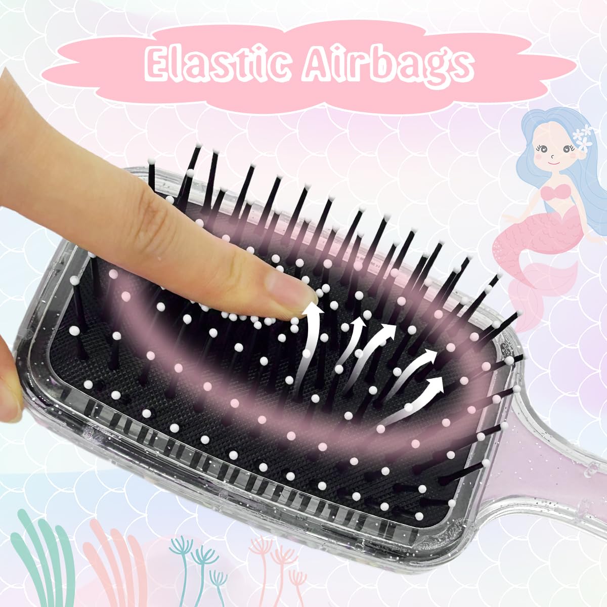 PALAY Hair Brush for Kids and Women Cute Mermaid Paddle Hair Brush Hair Styling Comb for Kids Girls Large Detangler Hair Brush with Air Cushion and Soft Bristle - Pink