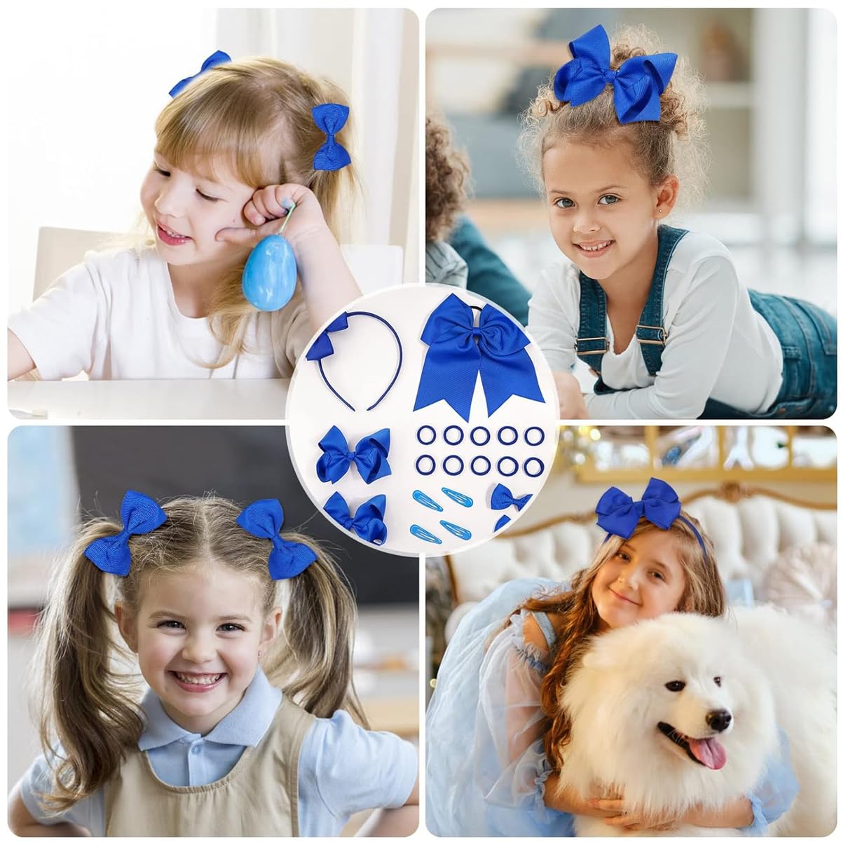 MAYCREATE Girls Bow Hairband Set of 20pcs, Hair Bows for Kids Girls, Bowknot Hair Clips Rubber Hair Ties Hair Accessories Kit for Toddlers, School Girls - Royal Blue