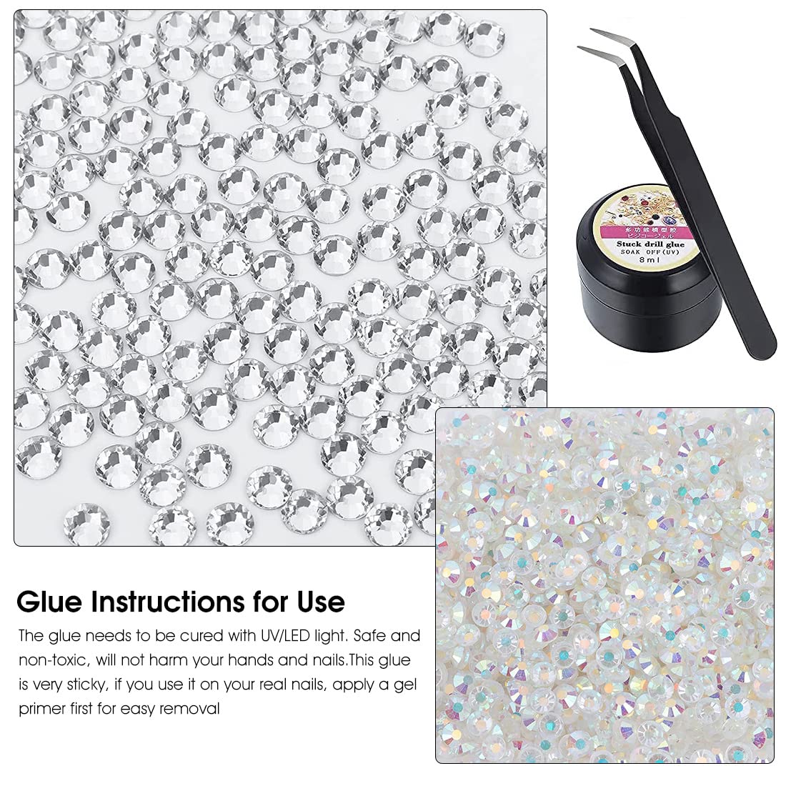 MAYCREATE Nail Art Rhinestones Kit Colorful Rhinestones Geometry Shape Crystal AB Rhinestones with Glue and Tools Manicure Craft Decoration Nail Art Salon