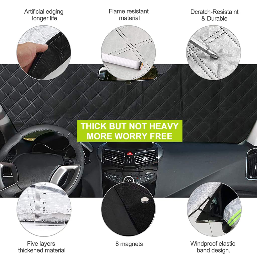 STHIRA Car Windshield Sun Shade Sunshade Blocks Magnet Installation with Heat Reflective Rearview Mirror Window Cover, Universal Windproof Car Front Windshield Sun Shade 145 * 116cm