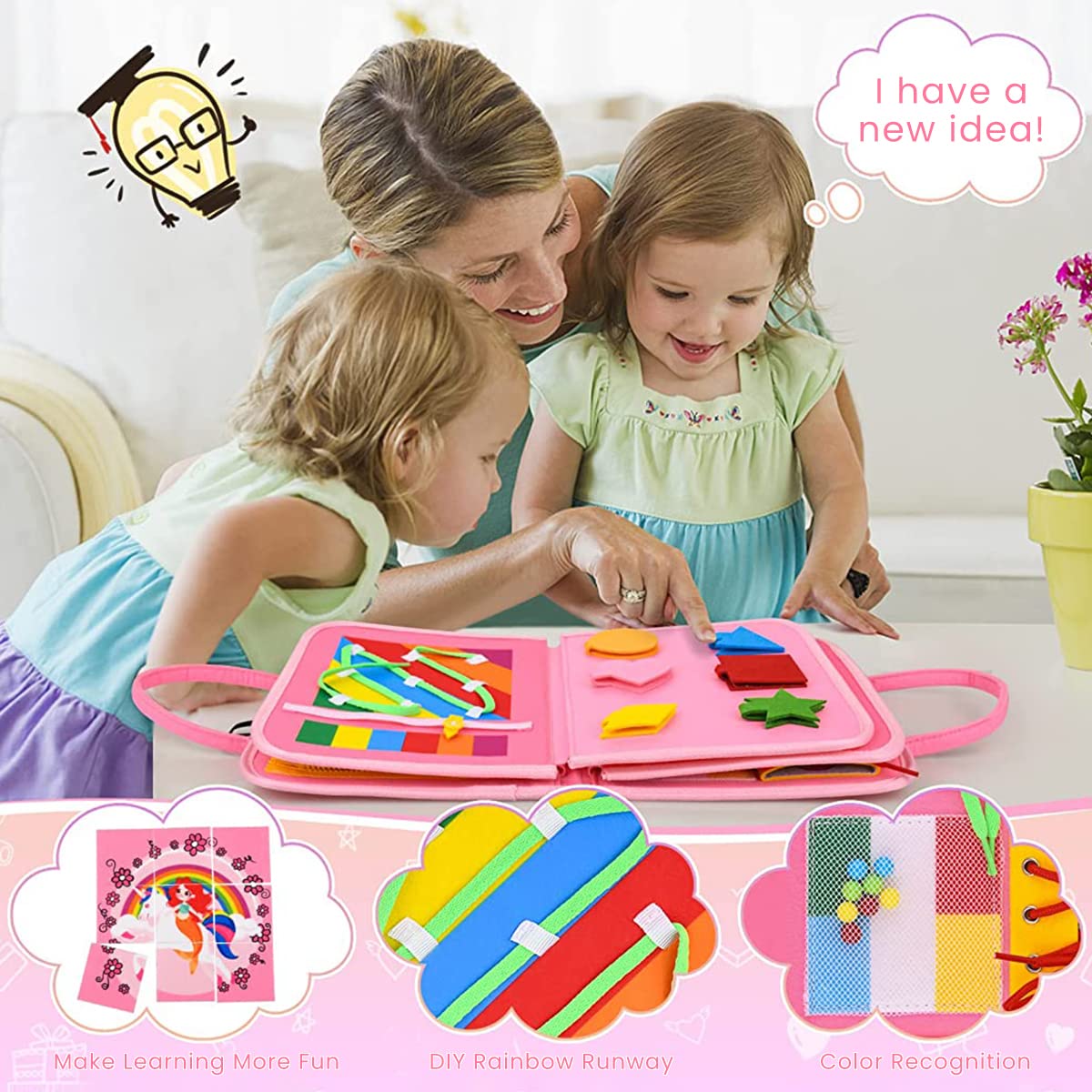 PATPAT Busy Board for Toddlers 2-4 Montessori Toys for Toddlers Preschool Life Skill Learning Toy Fine Motor Silll Learning Game Board, Rainbow Unicorn Travel Busy Board Toy Gift for Kids