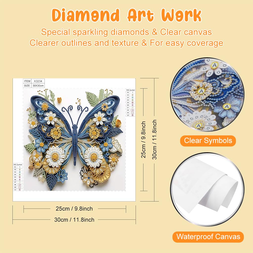 HASTHIP 5D Diamond Painting Kit - Three-dimensional Diamond Painting, Aesthetic Dazzling Diamond Painting Home Decor DIY Diamond Painting Art Kit with Accessories and Tools, 12x12 Inches (Butterfly)