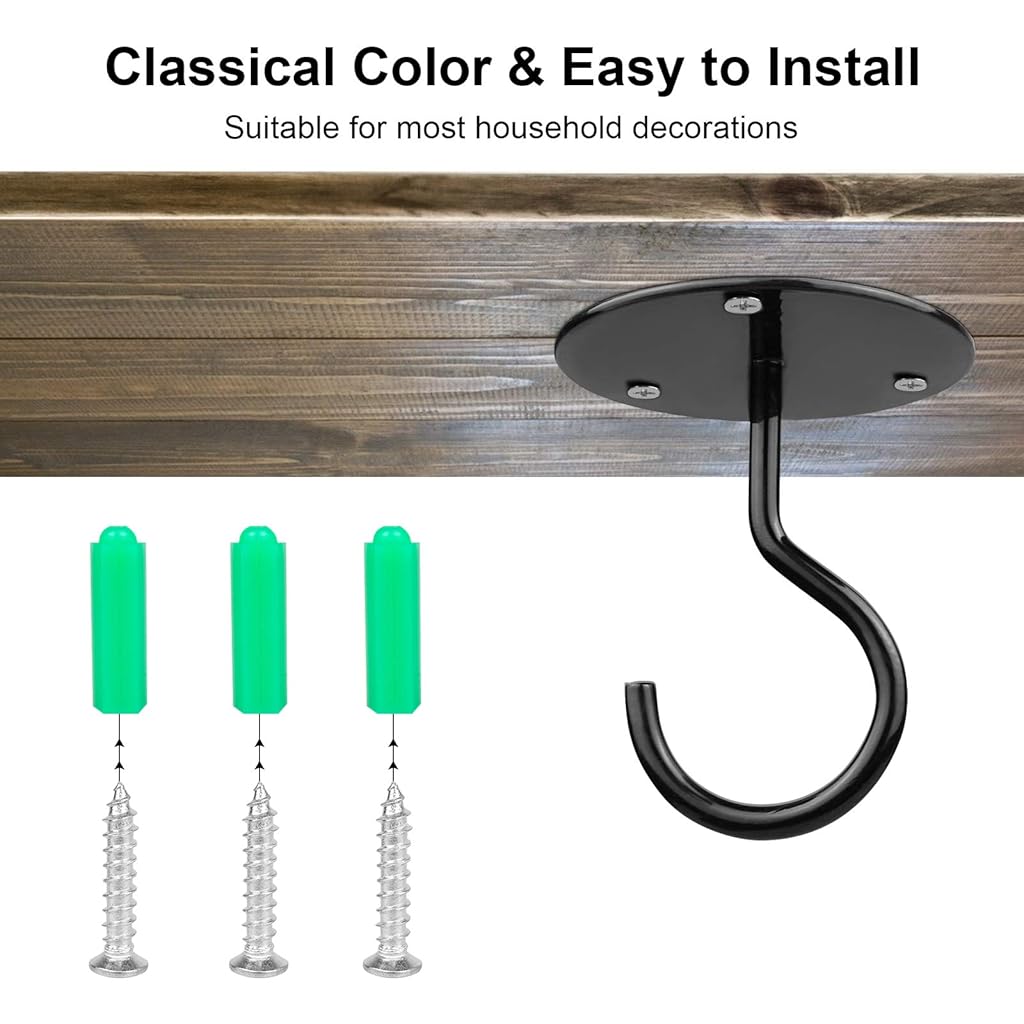 Serplex 4pcs Metal Ceiling Hook for Hanging Flower Pot and Plant Pot Wall Mounted Hook for Hanging Plant Baskets/String Lights in Balcony,Porch, Wall Hook with Screws (Black)