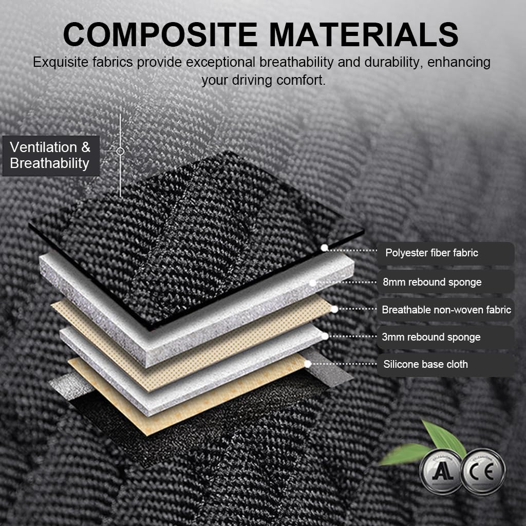 STHIRA® Silicone 6PCS Car Seat Covers Summer Breathable Front Cushion Mat Flax with Storage Pouch Long Rear Anti-Slip Anti-Scratches Black