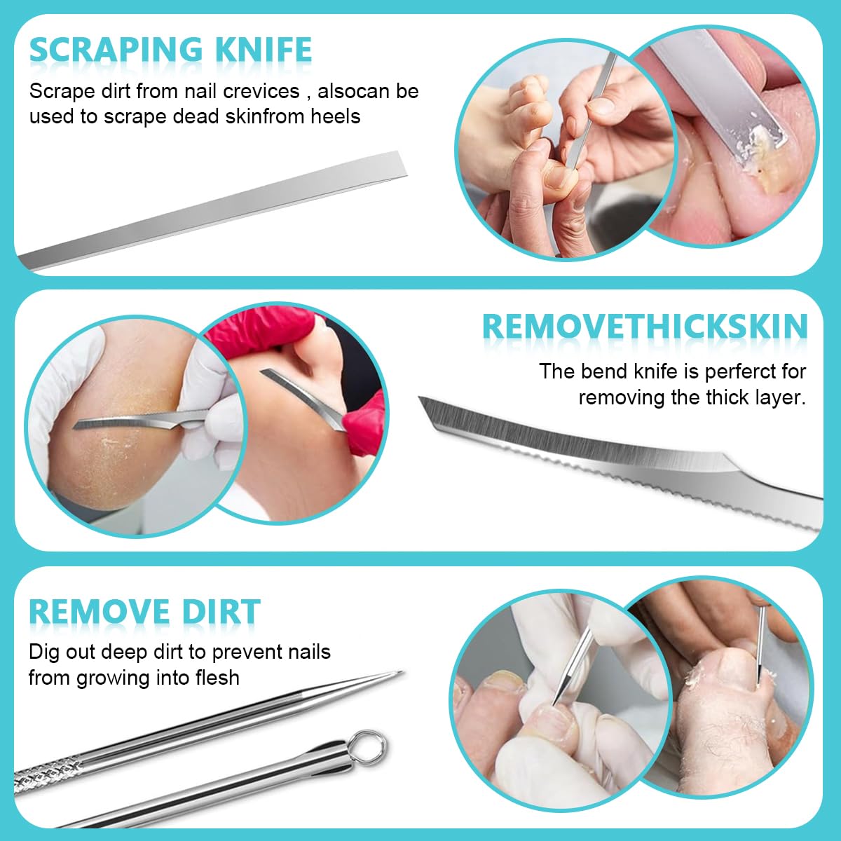 MAYCREATE 6pcs Ingrown Toenail Tool, Toenail File and Lifters, Foot Skin Scraper Surgical Stainless Steel Ingrown Toenail Removal Tool Kit, Nail Cleaner Tools with Box