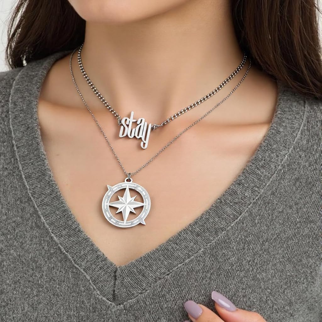 SANNIDHI® Stray Kids Necklace Inspired Merch Necklace Set –“Stay” Pendant Compass Design Jewelry Accessory for Stay Fans Gifts