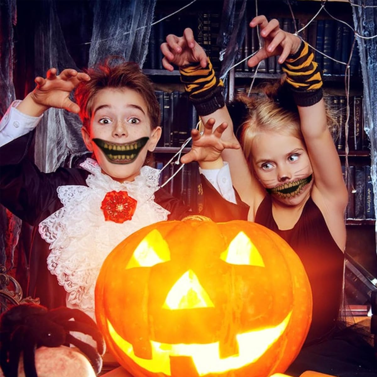 MAYCREATE Halloween Horror Face Stickers Horror Smile Mouth Stickers Temporary Tattoo Stickers 3D Realistic Face Tattoo Stickers Halloween Scary Vampire Venom Cosplay Makeup Stickers, 10 Sheet