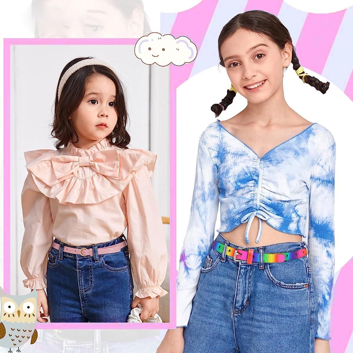 PALAY 2 Pack Belt for Girls, Glittering PU Leather Girls Belt, Rainbow Waist Belt for Jeans Pants Dress, 35.4in Metal Buckle Belt for Kids Girl 6-12 Years Old (Pink & Rainbow)