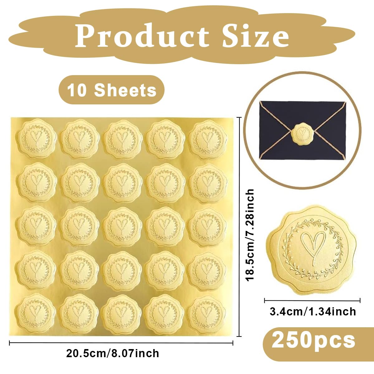 Climberty 250pcs Wax Seal Stickers, Self-Adhesive Gold Embossed Wax Seal Sealing Stickers, Heart Envelope Seals for Wedding Invitations/Greeting Cards/Party Favors, 3.4 x 3.7cm per one