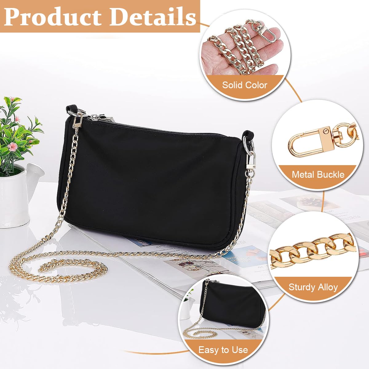 PALAY 5pcs Iron Flat Purse Chain Gold Crossbody Bag Straps Shoulder Belt Wallet Chain Extender Replacement Accessories for Purses Handbags DIY, with Metal Buckles - 5 Sizes
