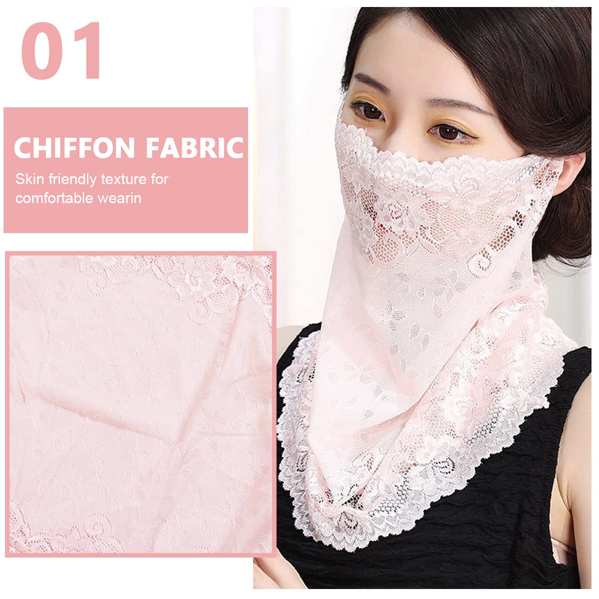 PALAY Lace Face Cover for Women Sun Protection Face Mask, Stylish Breathable Embroidery Veil Face & Neck Covering for Girls - Pink, Hanging Ear Design