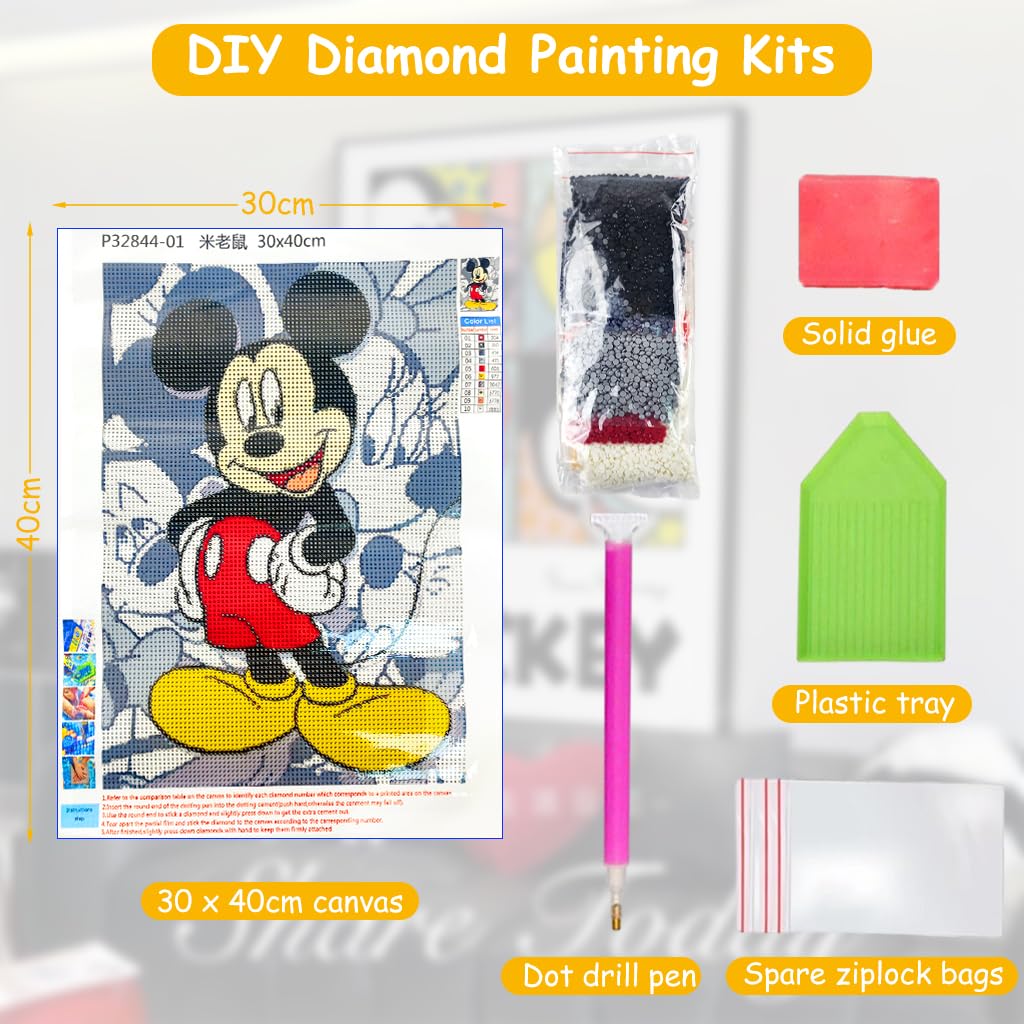 HASTHIP Diamond Painting Kit, 12x16inch Mickey Mouse Diamond Painting, 5D Diamond Painting Kit for Adults & Kids, Very Suitable for Home Leisure and Wall Decoration, Gift for Kids and Adults