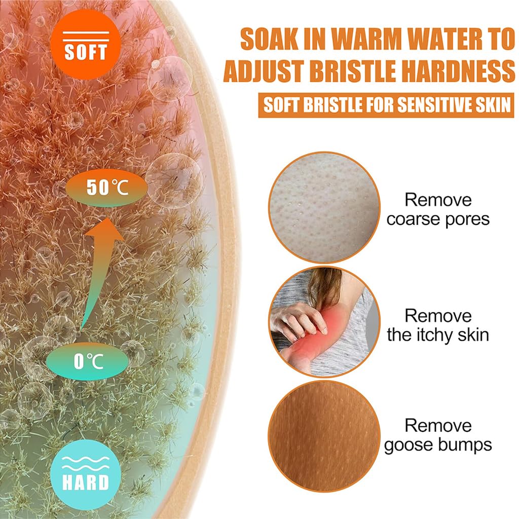 MAYCREATE Double Side Bath Brush for Women And Men Natural Bristles Dry Brush for Body Brush Back Scrubber Wooden Long Handle Brush Shower Brush Remove Exfoliating and Massage Shower