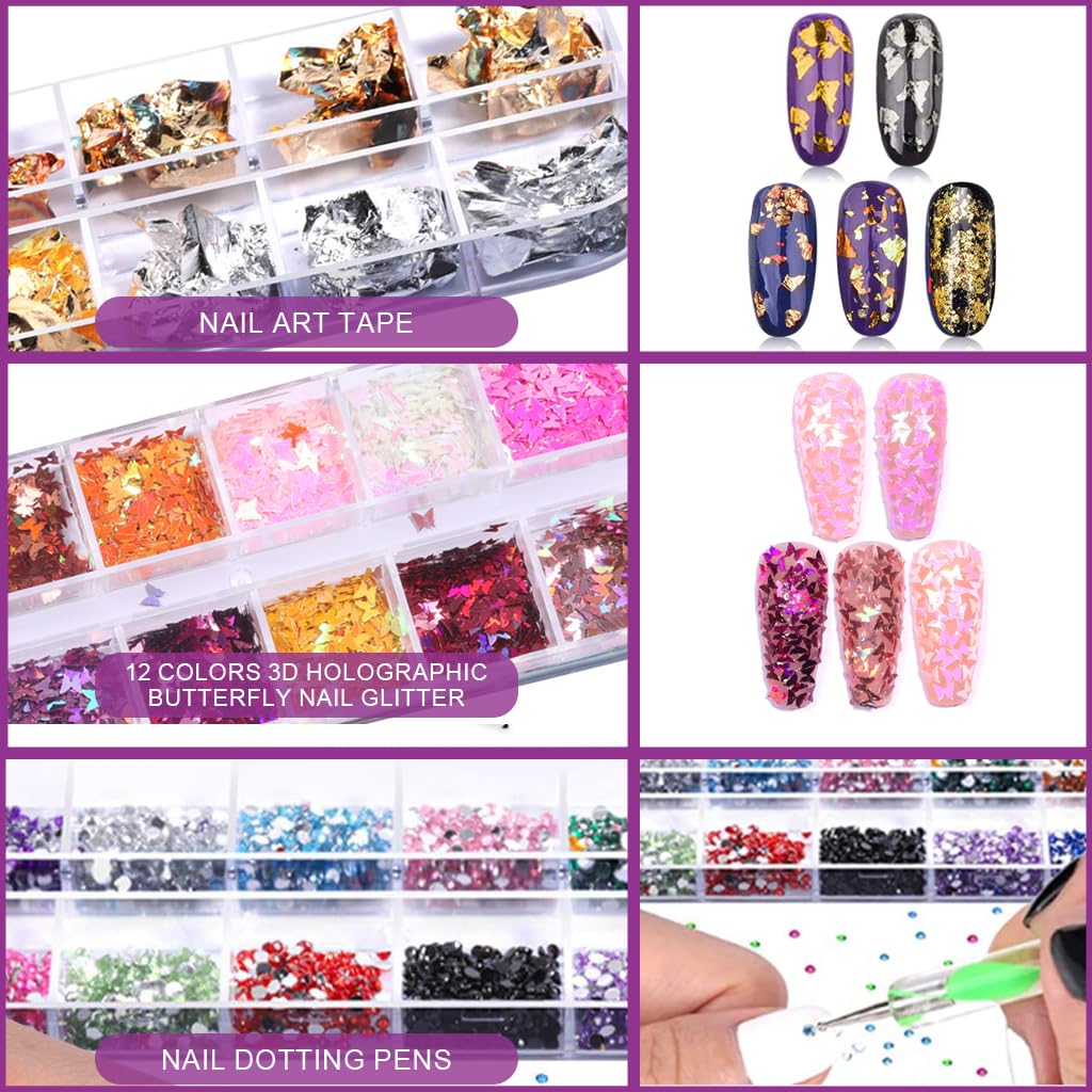 MAYCREATE Nail Art Supplies Tool Kit with 20Pcs Nail Art Fine Detail Brushes 10-Color Striping Tapes Pack of 100Pcs Fake Nail Extensions Metallic Foils Glitters Dotting Tools DIY Nail Art Supplies